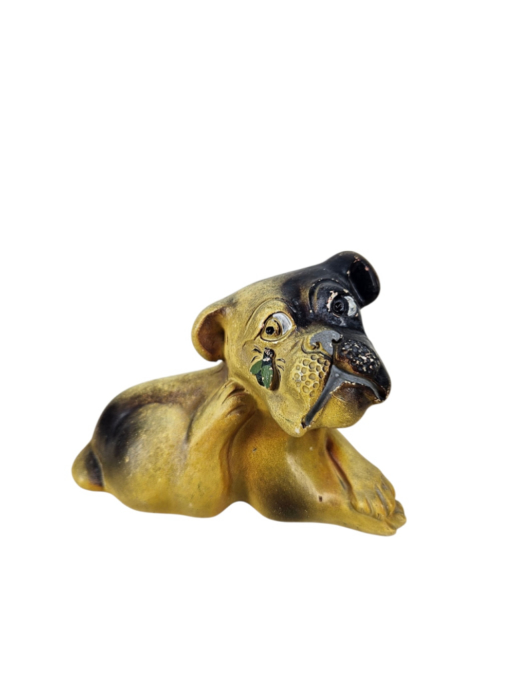 Vintage Chalkware Bulldog with Fly Figurine Mid-Century Carnival Dog Decor